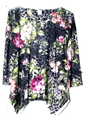 TIME & TRU RIBBED TEE SHIRT woman size L green pink floral rhinestone 3/4 sleeve