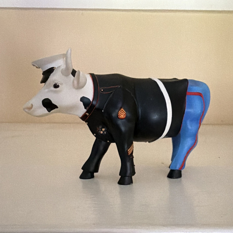 Collectible Cow Figurine Bull in Military Uniform Hat, Black Outfit Blue Pants