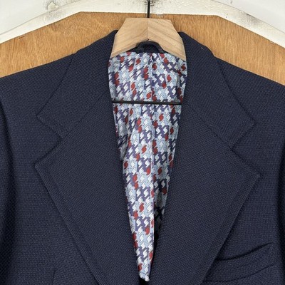 Hardy Amies Blazer Mens 38S Navy Blue Solid 2 Button Wide Notch Wool Jacket 70s