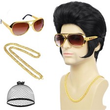 Elvis Presley Halloween 50S 60S Rock Wig with Glasses and Necklace Singer.
