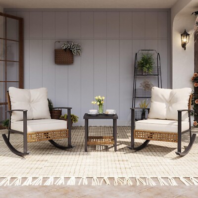 LAUSAINT HOME 3 Pieces Patio Conversation Set with 2-Tier Coffee Table, Beige