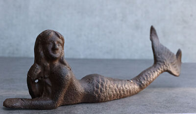 Rustic Cast Iron Nautical Siren Mermaid with Tail Stretched Out Statue 9.5''L