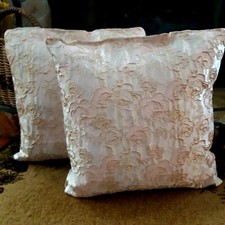 Pair Of Throw Pillows In Ivory With Pink Roses And Gold Accent Trim