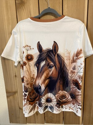 White Short Sleeve Top w Brown Horse & Floral Size L NWOT | eBay