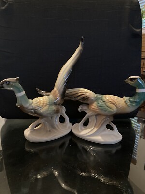 Vintage Pair of Royal Copley Porcelain Ring Neck Pheasants Figurines