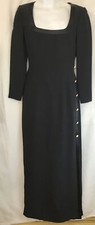 Escada Couture Silk Gown Black Cr pe Square Neck Rhinestone Buttons Slit Size 6