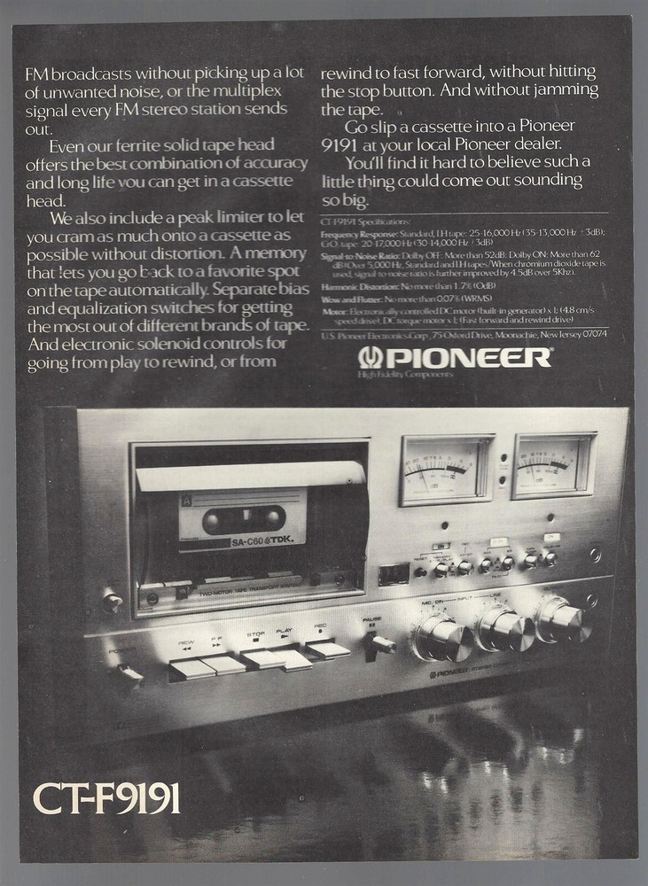 Pioneer CT-F9191 Cassette Player 1977 Small Poster Type Ad, Promo Advert