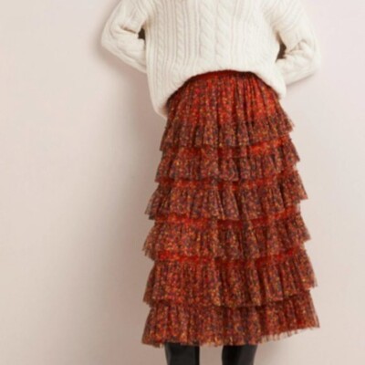 Boden Women’s Rocket Red Ruffle Tulle Midi Skirt -Size 14