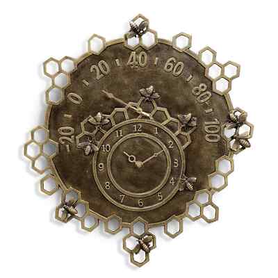 Brown Aluminum Busy Bees Garden Clock & Thermometer Home Decorative Collectible