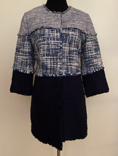 CHICO'S JACKET BLAZER 0 S 4 BLUES COLORBLOCK TEXTURED FRINGE 3/4 SLEEVE NWT