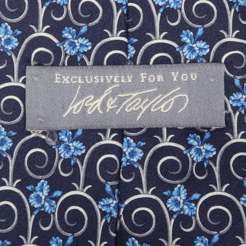 LORD & TAYLOR Navy Blue Silver Ironwork Floral Deco Leaf Men's Silk Neck Tie - Picture 4 of 4