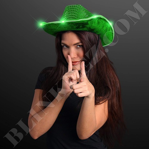 Sombrero de vaquero VERDE lentejuelas con ala LED VERDE intermitente - Imagen 2 de 4