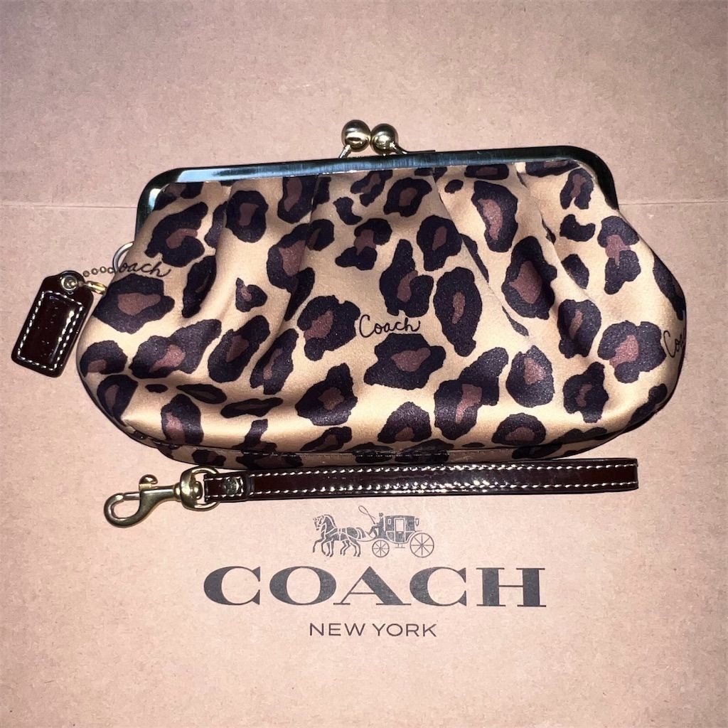 COACH VINTAGE KissLock Leopard Print Satin Pouch Wallet Wristlet