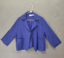 Chicos Jacket Womens 2 Blue Linen Open Front 3/4 Sleeve Boxy Pockets Cropped Fit