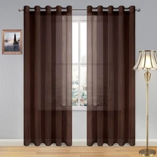DWCN Brown Linen Look Semi Sheer Voile Grommet Curtains Set, 60x84"