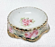 Stunning Pink Roses on Green w GOLD Hand Painted Salt Dip 2 1/4 W x 5/8 T