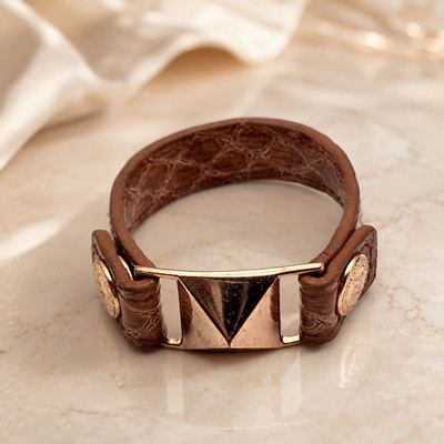 BCBGeneration Brown Leather Pyramid Cuff Bracelet Rose Gold Tone 6.5'' Signed