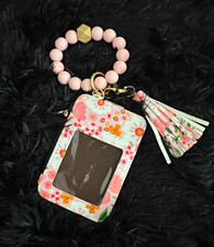 Floral Faux Leather Wristlet Keychain, Beaded Tassel, Pink/White/Green