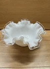 Vintage Fenton White With Clear Edge  Milk Glass Ruffled Edge Candy Dish 6 3/4”