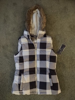 Junior Quilted Puffy Vest Jacket, Hood, Faux Fur, Black White Check, Fleece, Sm.