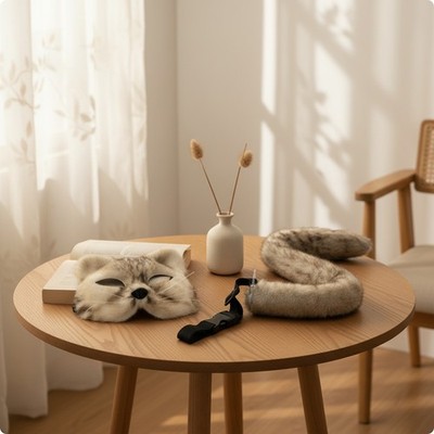 Soft-Furred Animal Cosplay Set Furry Faux Cat Face Covering and Tail Set