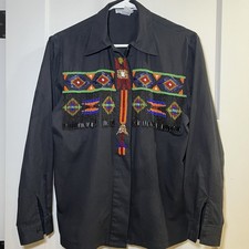 Vintage LEW MAGRAM WOMEN'S Size 6 BLACK COTTON BEADED FRINGE WESTERN SHIRT