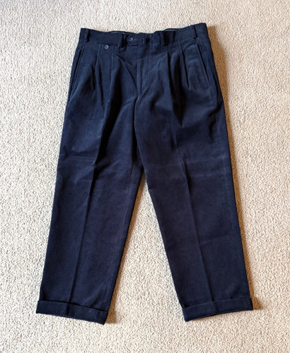 Façonnable, VTG Faconnable Men's Navy Blue Pleated & Cuffed Corduroy Pants - Size 36R