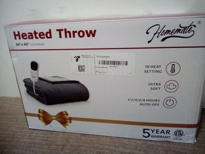 Intertek Heated Throw 50'' by 60'' Gray 10 Heat Setting Ultra Soft
