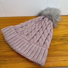 Pink Cable Knit Beanie One Size Knit Blend with Gray Faux Fur Pom