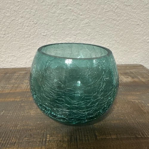Vintage Hand Blown Blenko Style Emerald / Teal Crackle Glass Orb Globe Vase 3in