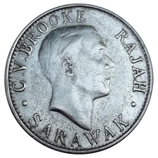 1927-H Sarawak Twenty Cent Coin, Billon (Silver) (British Malaysia) KM 17A 20