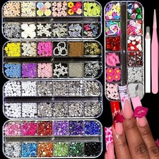 5-Box Nail Charms and Gems,Heart Lips Bow Flowers Petals Butterfly 3D Nail Art