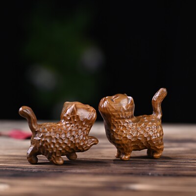 Pair of Adorable Cutie Cat Sculpture Figurine Green Sandalwood