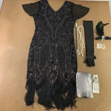 Women's XL Black & Silver Sequin Fringe Flapper Dress & Accessory Set 9 Pieces