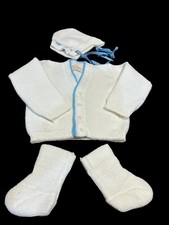 Vtg QUALITY KNITWEAR Baby Sweater Hat Booties Set White w/Blue Trim Cardigan