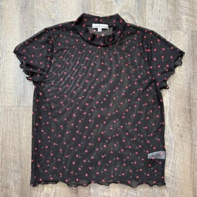 Y2k Vintage Moa Moa Black Mesh Sheer Heart Patterned Baby Tee Womens Size Medium