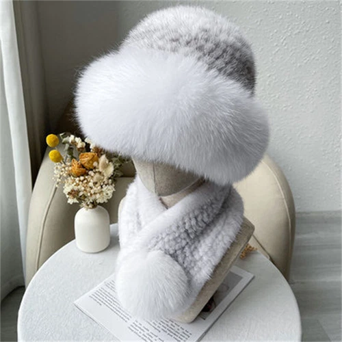 Cappello donna pelliccia visone + vera pelliccia visone vera sciarpa berretto lavorato a maglia berretto sci elasticizzato - Foto 12 di 22