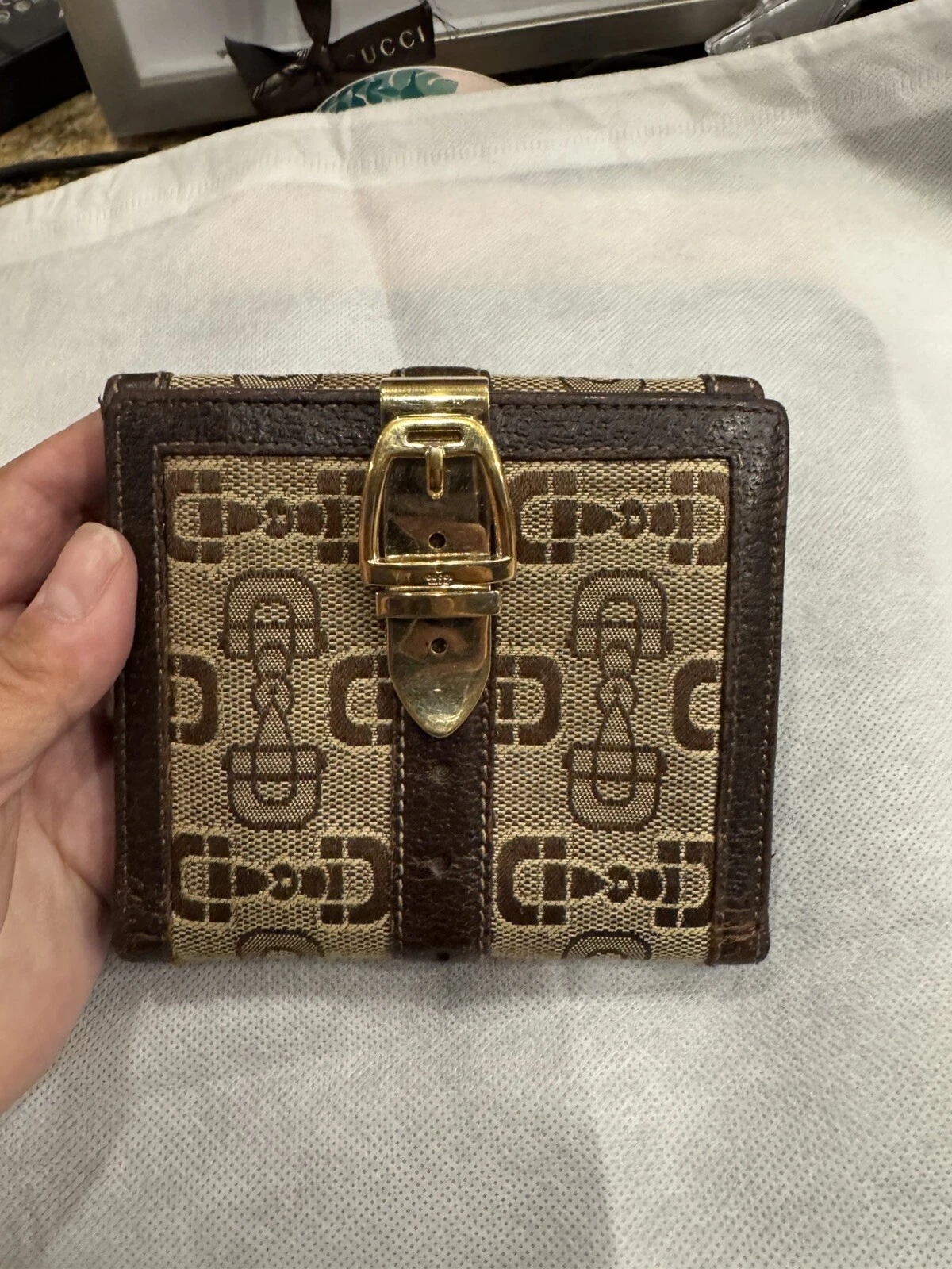 Portefeuille compact marron GUCCI Horsebit boucle toile