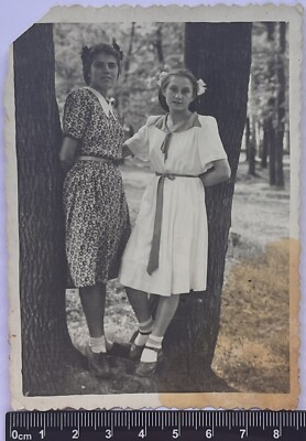 Two Pretty Cute Young Women Charming Attractive Ladies Nice Girls Old Photo