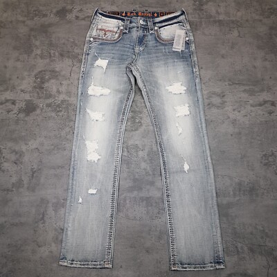 ROCK REVIVAL Creston Slim Straight Distressed Jeans Mens Size 32x34 Light Wash
