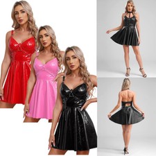 Women's Leather Dress A-Line Ruffle Mini PU Dresses Sexy Steampunk Clubwear