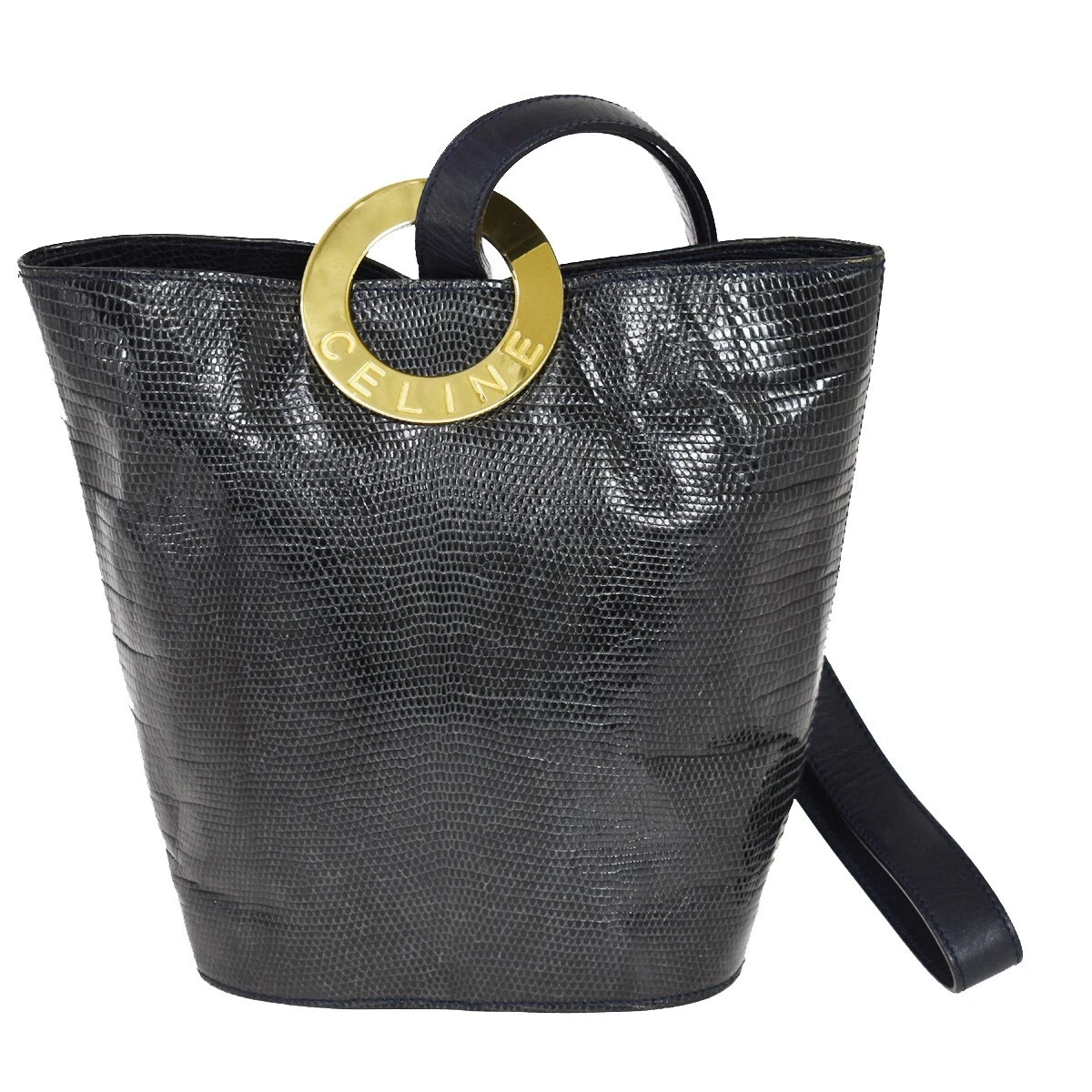 CELINE Logo Circle Shoulder Bag Embossing Leather Navy Blue Gold Italy 82YB424