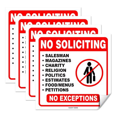 (Set of 4) No Soliciting Sticker Sign 6'' x 6'' - Durable Self Adhesive 4 Mil V...