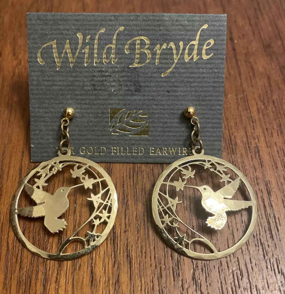 VINTAGE WILD BRYDE BIRD 14K YELLOW GOLD PLATE DROP PIERCE EARRINGS