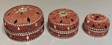 Set-3 Vintage Nesting Beaded Mirror Detailed Metal Round Trinket Box