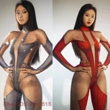 Shiny Gray Red Rhinestones Jumpsuit Gloves Pole Dance Halloween Nightclub HOT