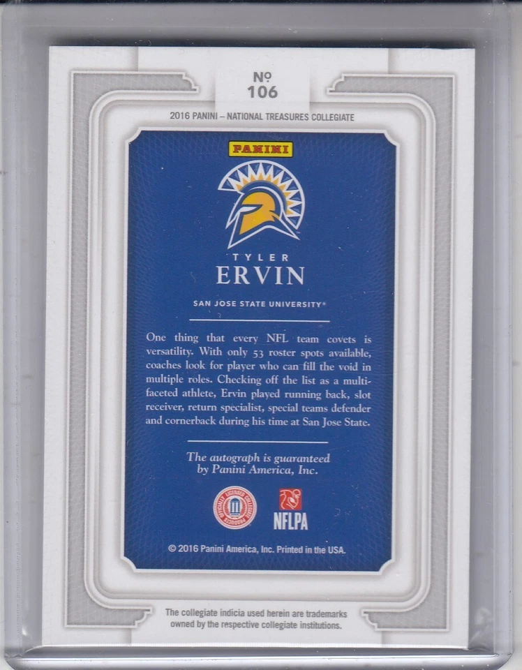 TYLER ERVIN 2016 National Treasures Collegiate Autograph #106 RC 99/99 Spartans - Image 2 of 2