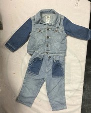 VTG Oshkosh Osh Kosh B  Gosh Denim Blue White Stripe Jacket Pants Set 9 Mo.