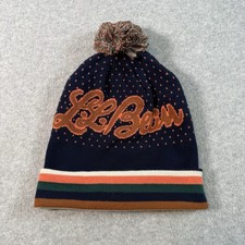 L.L. Bean Pom Beanie Cap Unisex One Size Fit Navy Multi Color Stripes Big Logo