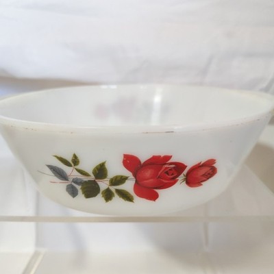 JAJ Schale Schüssel 8,5'' Milch Schmelzglas Pyrex Vintage Retro Rot Rose Blume Design